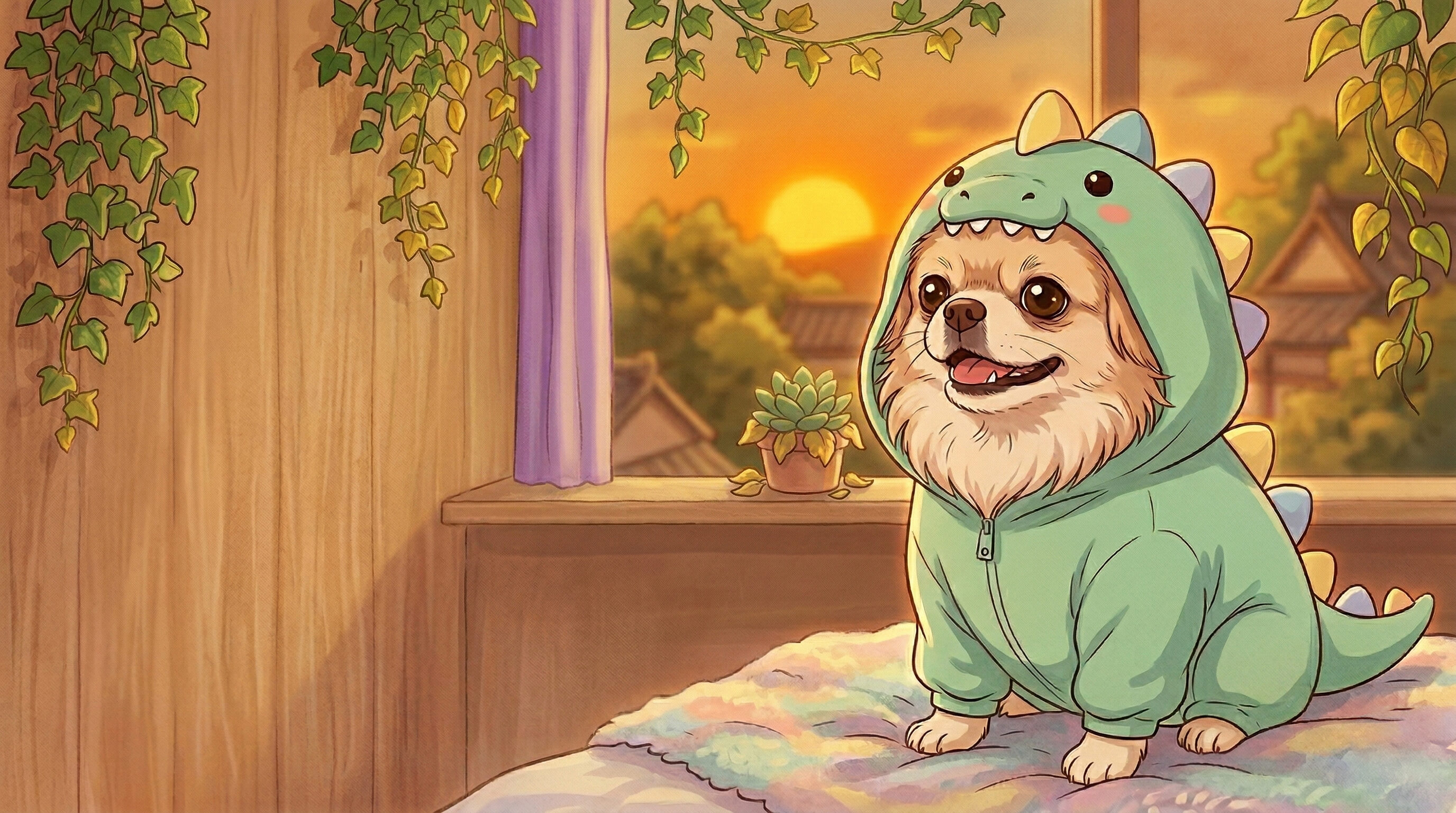 Rex com fantasia de dinossauro