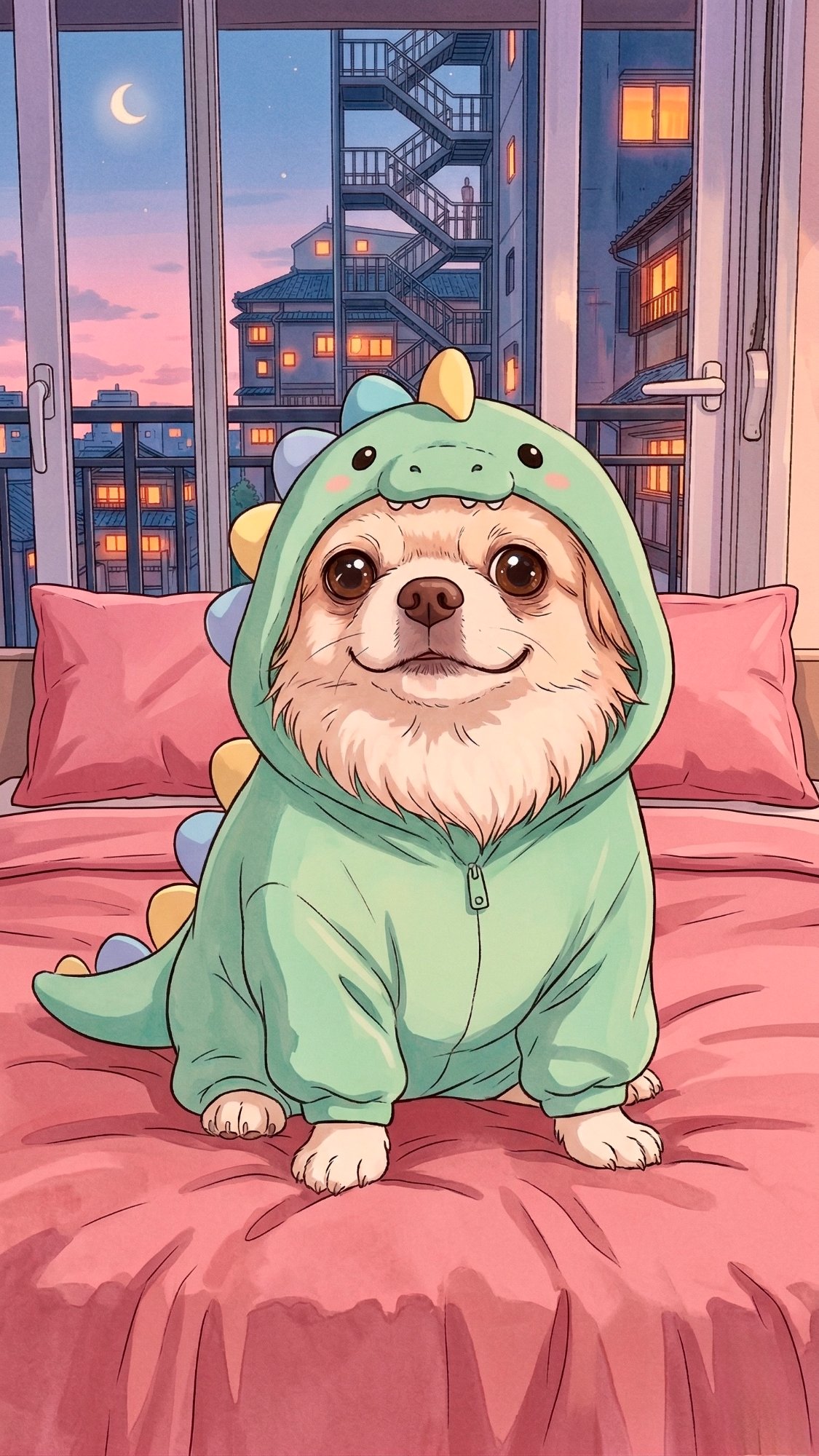 Rex – selfie estilo anime com fantasia de dinossauro